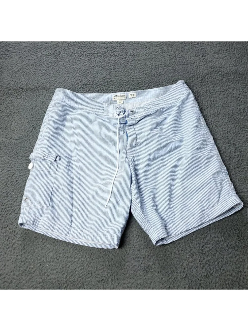 J Crew Seersucker Swim Shorts Mens 35 Cargo Striped Cotton Beach Board Trunks